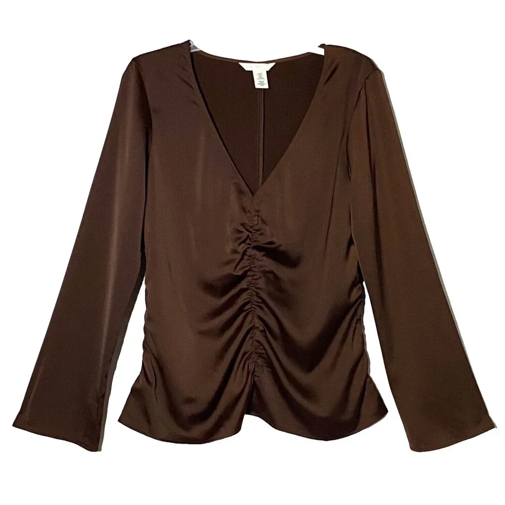 HM Satin Cinched Blouse Women's Medium Brown Trumpet Sleeves V-Neck Pullover - Picture 1 of 11